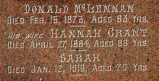 Photo of headstones/Donald McLennan & Hannah Grant hdstn St Andrews Wmtn ON